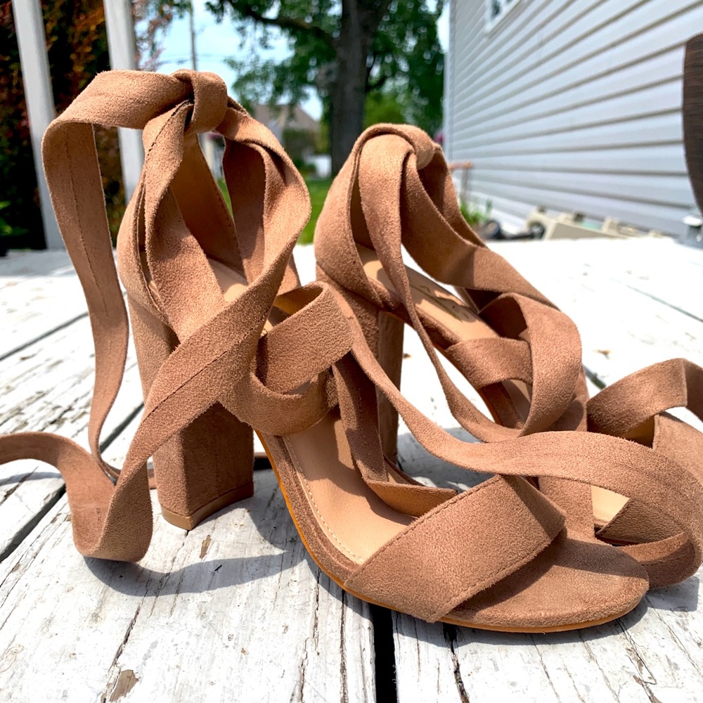 Tan Suede Lace-up Heels